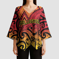 New Zealand Rangatira Custom Kimono Sleeve Blouse Red and Gold Niho Taniwha Maori Tribal - Polynesian Pride