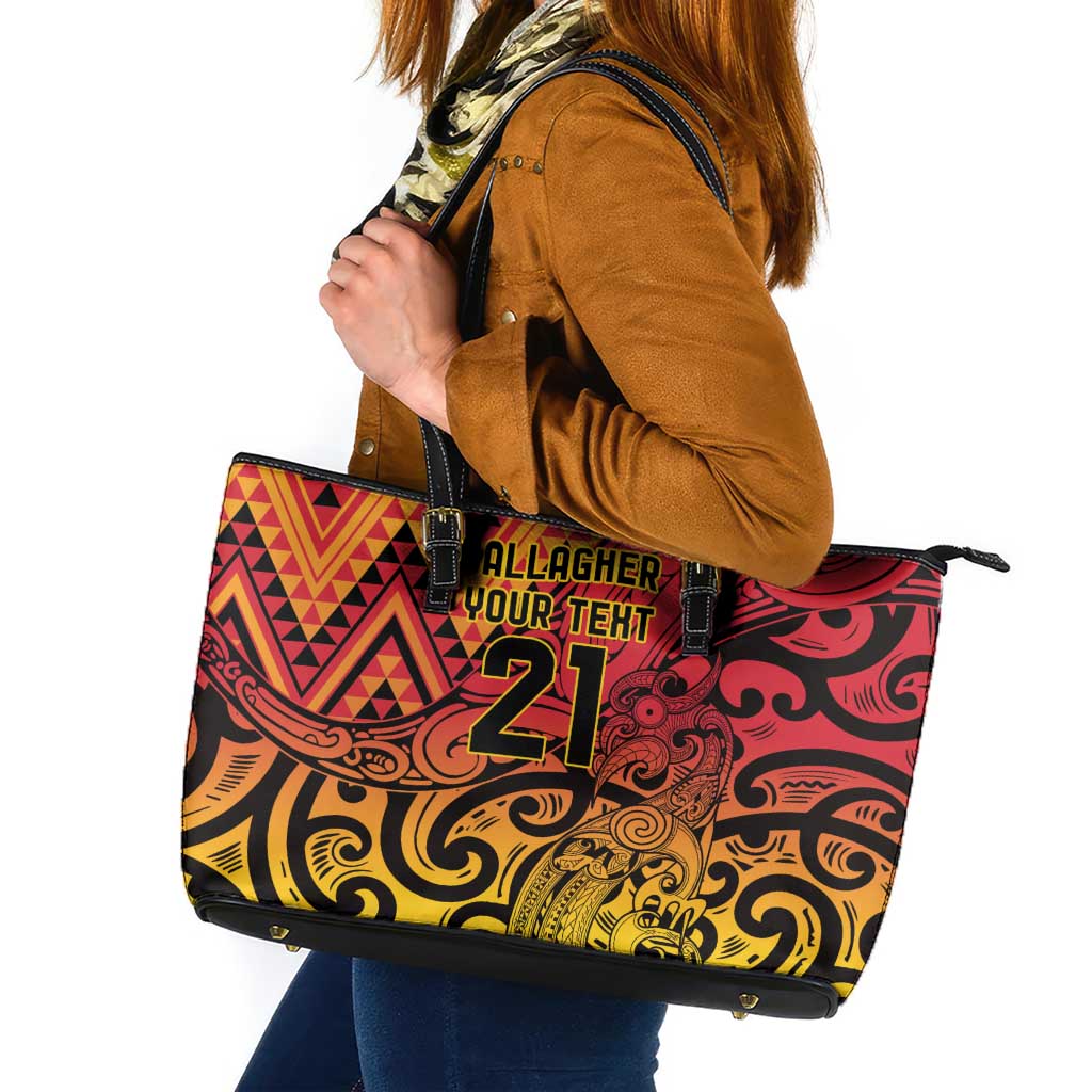 New Zealand Rangatira Custom Leather Tote Bag Red and Gold Niho Taniwha Maori Tribal