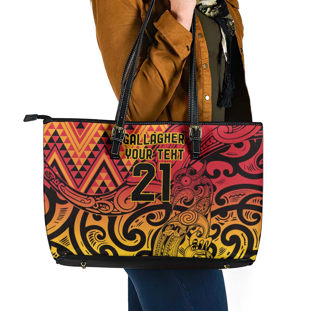 New Zealand Rangatira Custom Leather Tote Bag Red and Gold Niho Taniwha Maori Tribal