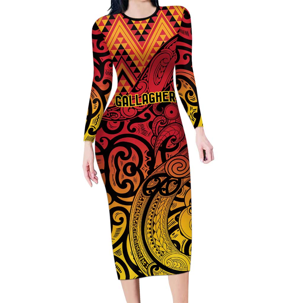 New Zealand Rangatira Custom Long Sleeve Bodycon Dress Red and Gold Niho Taniwha Maori Tribal