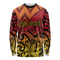 New Zealand Rangatira Custom Long Sleeve Shirt Red and Gold Niho Taniwha Maori Tribal