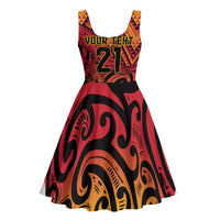 New Zealand Rangatira Custom Midi Dress Red and Gold Niho Taniwha Maori Tribal - Polynesian Pride