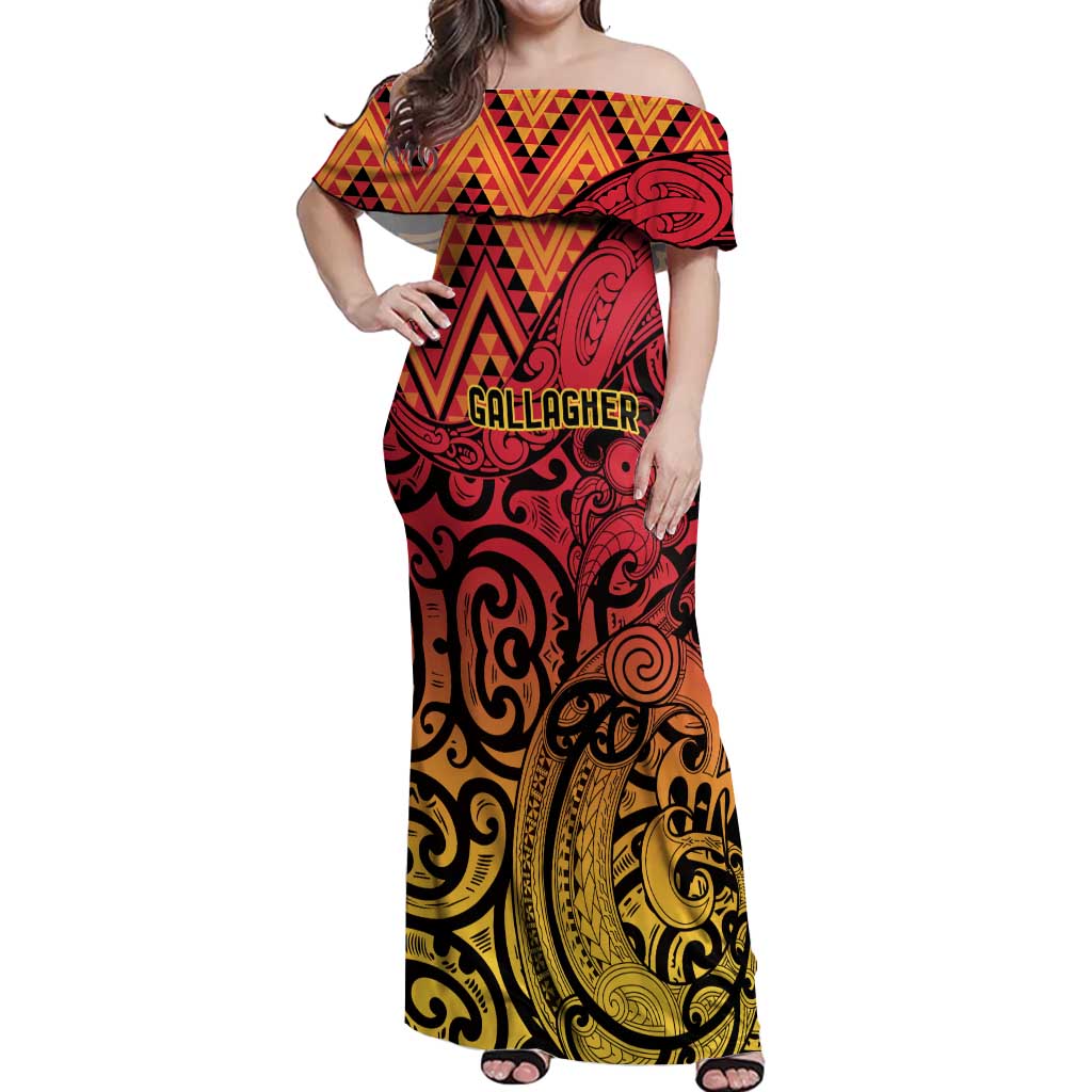 New Zealand Rangatira Custom Off Shoulder Maxi Dress Red and Gold Niho Taniwha Maori Tribal