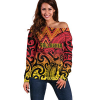 New Zealand Rangatira Custom Off Shoulder Sweater Red and Gold Niho Taniwha Maori Tribal