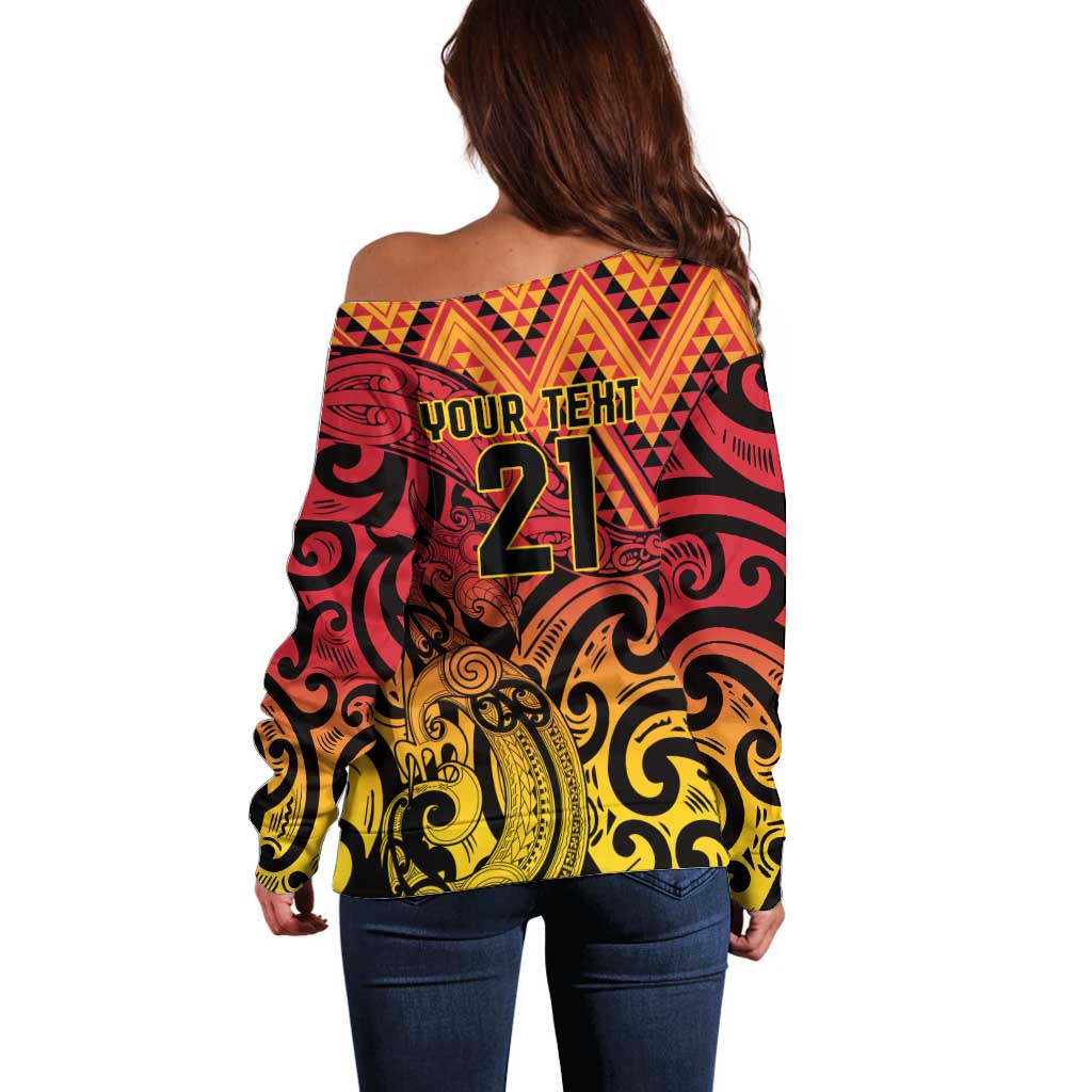 New Zealand Rangatira Custom Off Shoulder Sweater Red and Gold Niho Taniwha Maori Tribal
