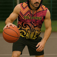New Zealand Rangatira Custom Sleeveless Zip Hoodie Red and Gold Niho Taniwha Maori Tribal - Polynesian Pride