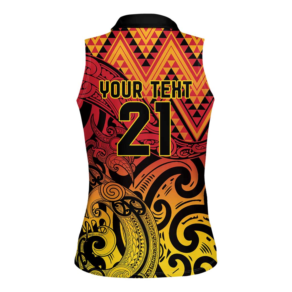 New Zealand Rangatira Custom Women Sleeveless Polo Shirt Red and Gold Niho Taniwha Maori Tribal