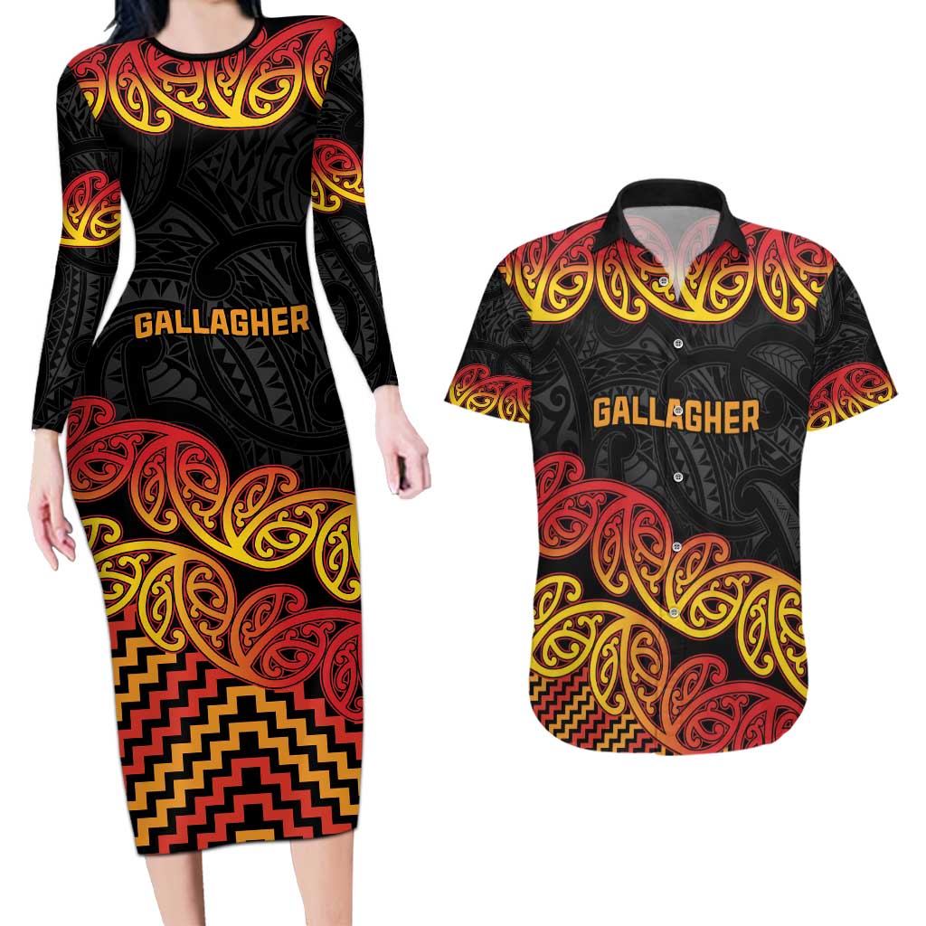 New Zealand Rugby Pacific Custom Couples Matching Long Sleeve Bodycon Dress and Hawaiian Shirt Rangatira Maori Kowhaiwhai Pattern