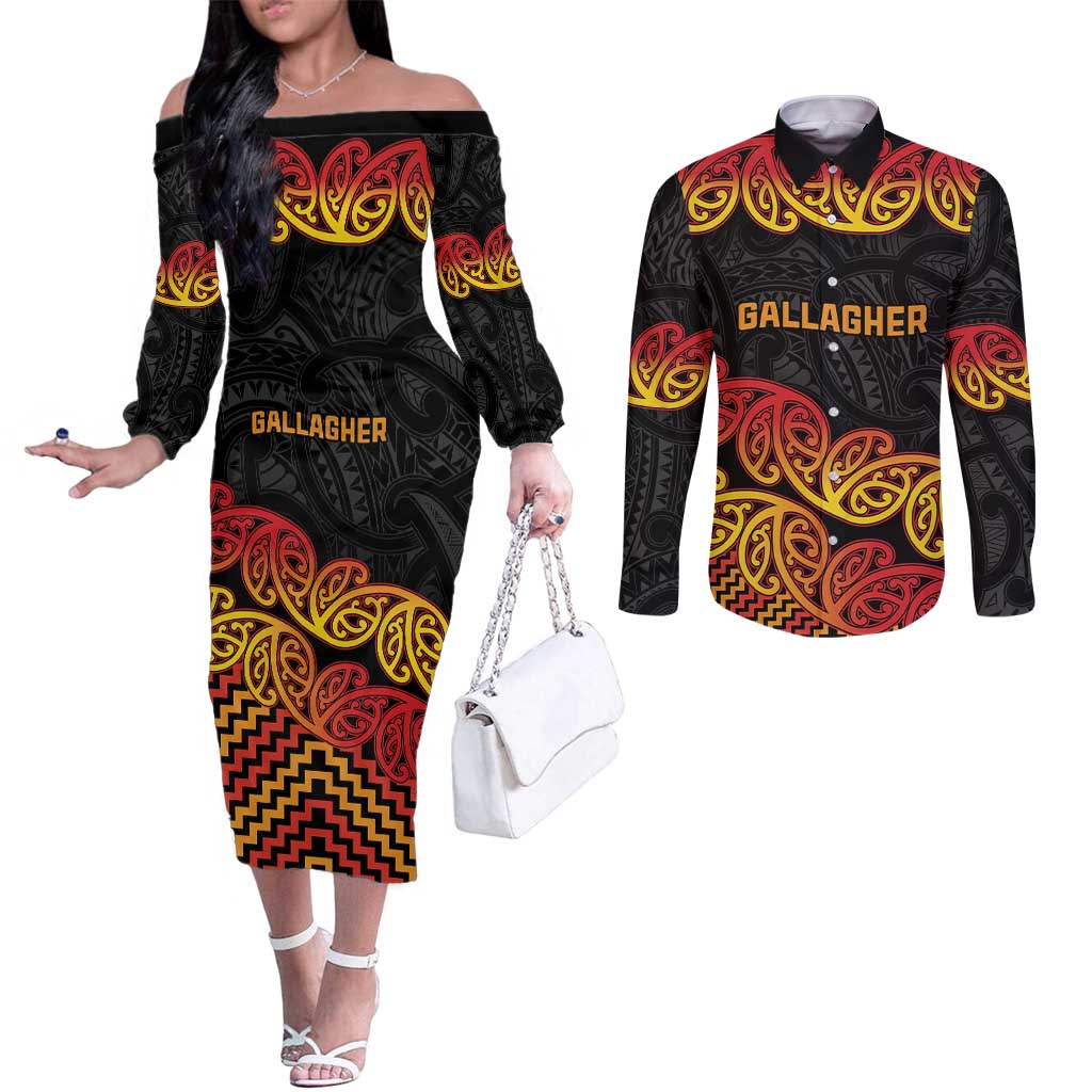 New Zealand Rugby Pacific Custom Couples Matching Off The Shoulder Long Sleeve Dress and Long Sleeve Button Shirt Rangatira Maori Kowhaiwhai Pattern