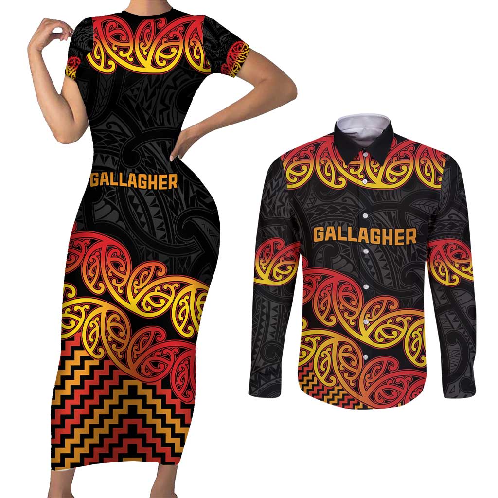 New Zealand Rugby Pacific Custom Couples Matching Short Sleeve Bodycon Dress and Long Sleeve Button Shirt Rangatira Maori Kowhaiwhai Pattern