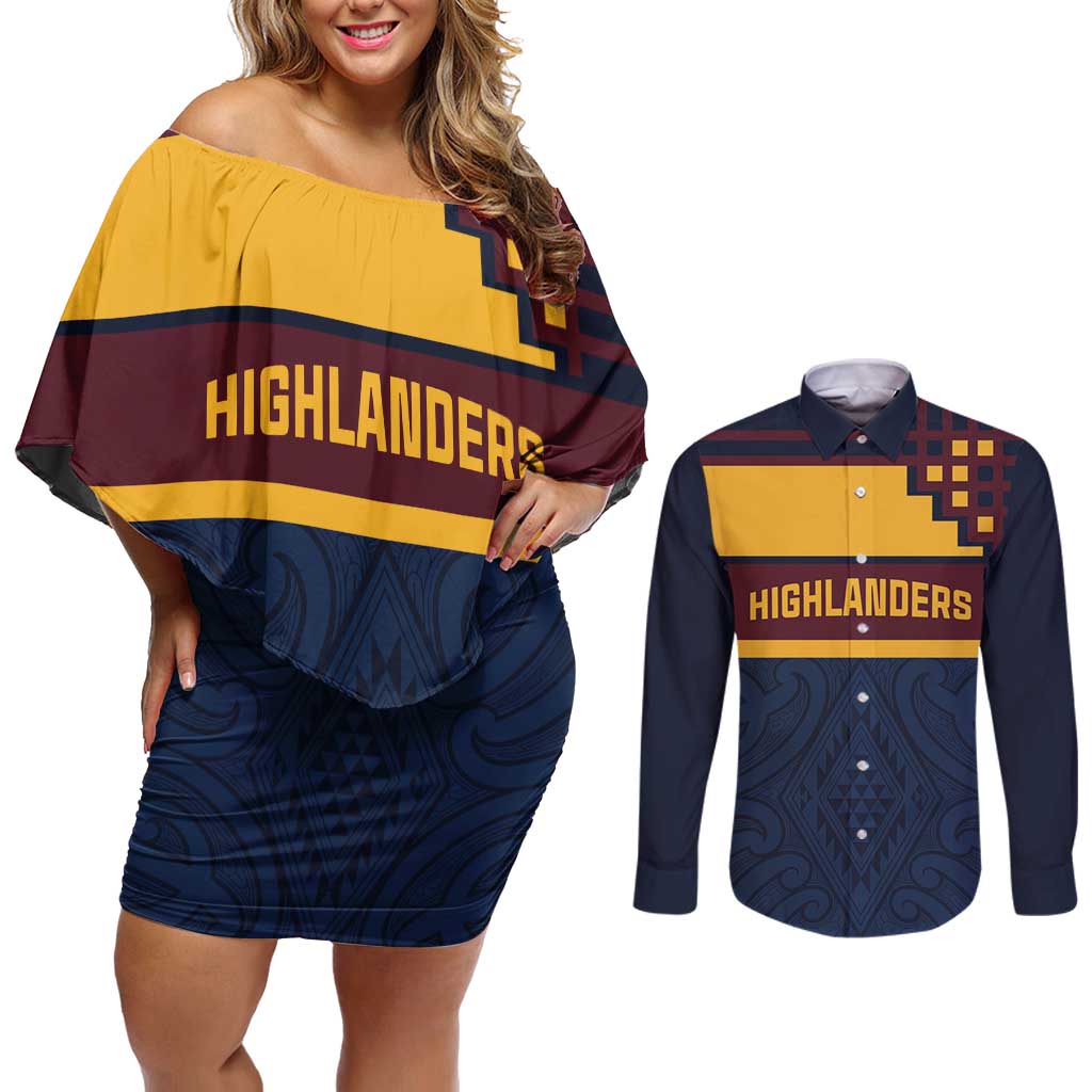 New Zealand Rugby Pacific Custom Couples Matching Off Shoulder Short Dress and Long Sleeve Button Shirt Kahupeka Retro 2025 Taniko Motif