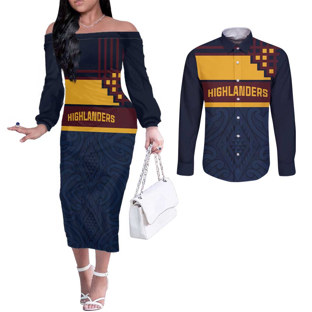 New Zealand Rugby Pacific Custom Couples Matching Off The Shoulder Long Sleeve Dress and Long Sleeve Button Shirt Kahupeka Retro 2025 Taniko Motif