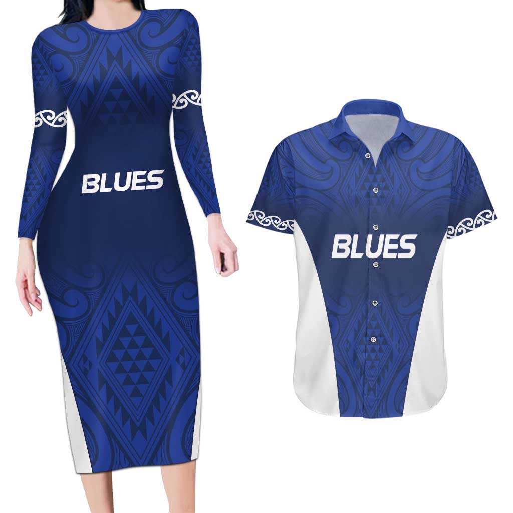 New Zealand Rugby Pacific Custom Couples Matching Long Sleeve Bodycon Dress and Hawaiian Shirt Kahurangi Auckland All Blue