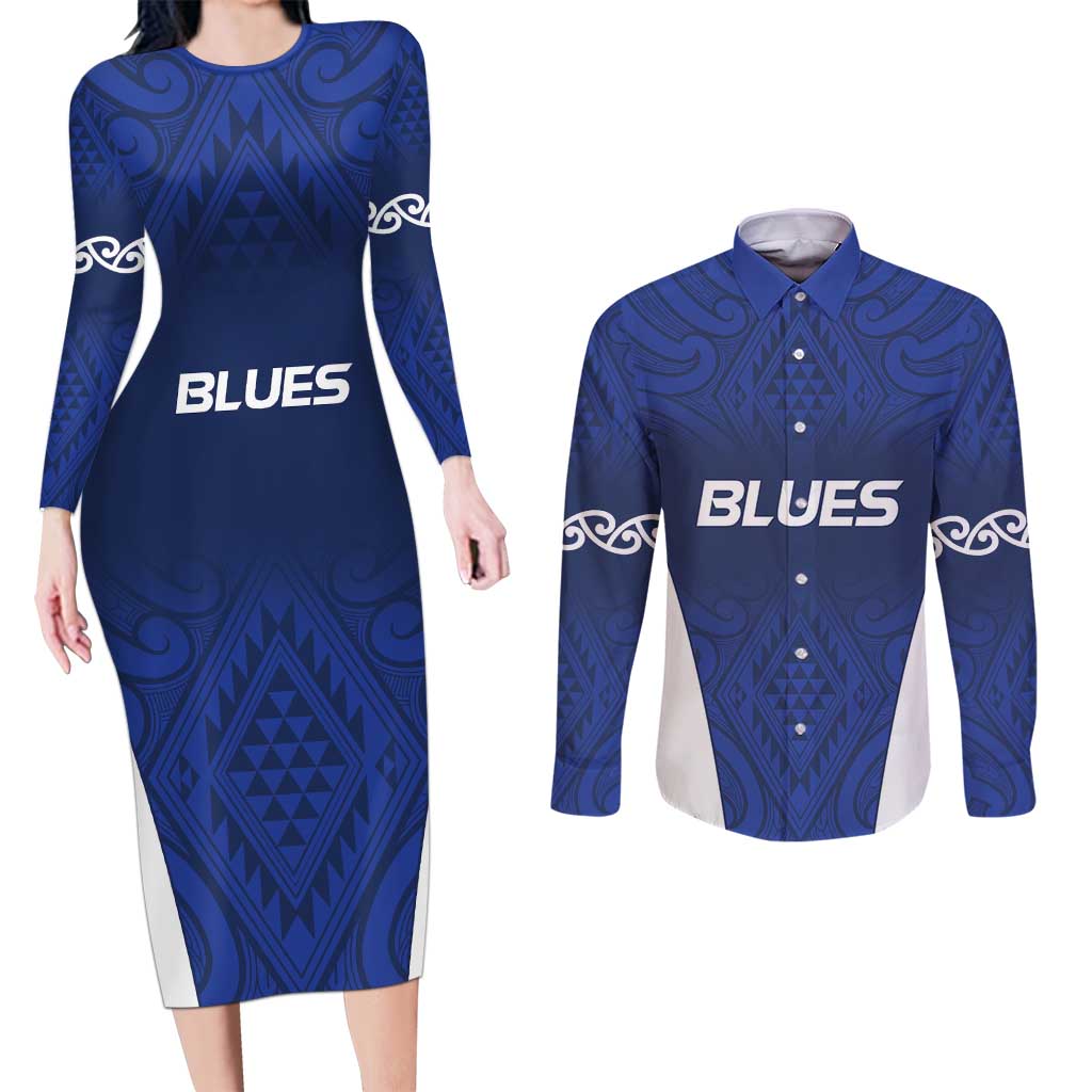 New Zealand Rugby Pacific Custom Couples Matching Long Sleeve Bodycon Dress and Long Sleeve Button Shirt Kahurangi Auckland All Blue