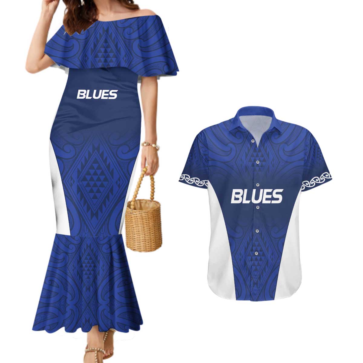 New Zealand Rugby Pacific Custom Couples Matching Mermaid Dress and Hawaiian Shirt Kahurangi Auckland All Blue