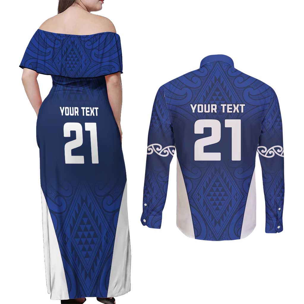 New Zealand Rugby Pacific Custom Couples Matching Off Shoulder Maxi Dress and Long Sleeve Button Shirt Kahurangi Auckland All Blue