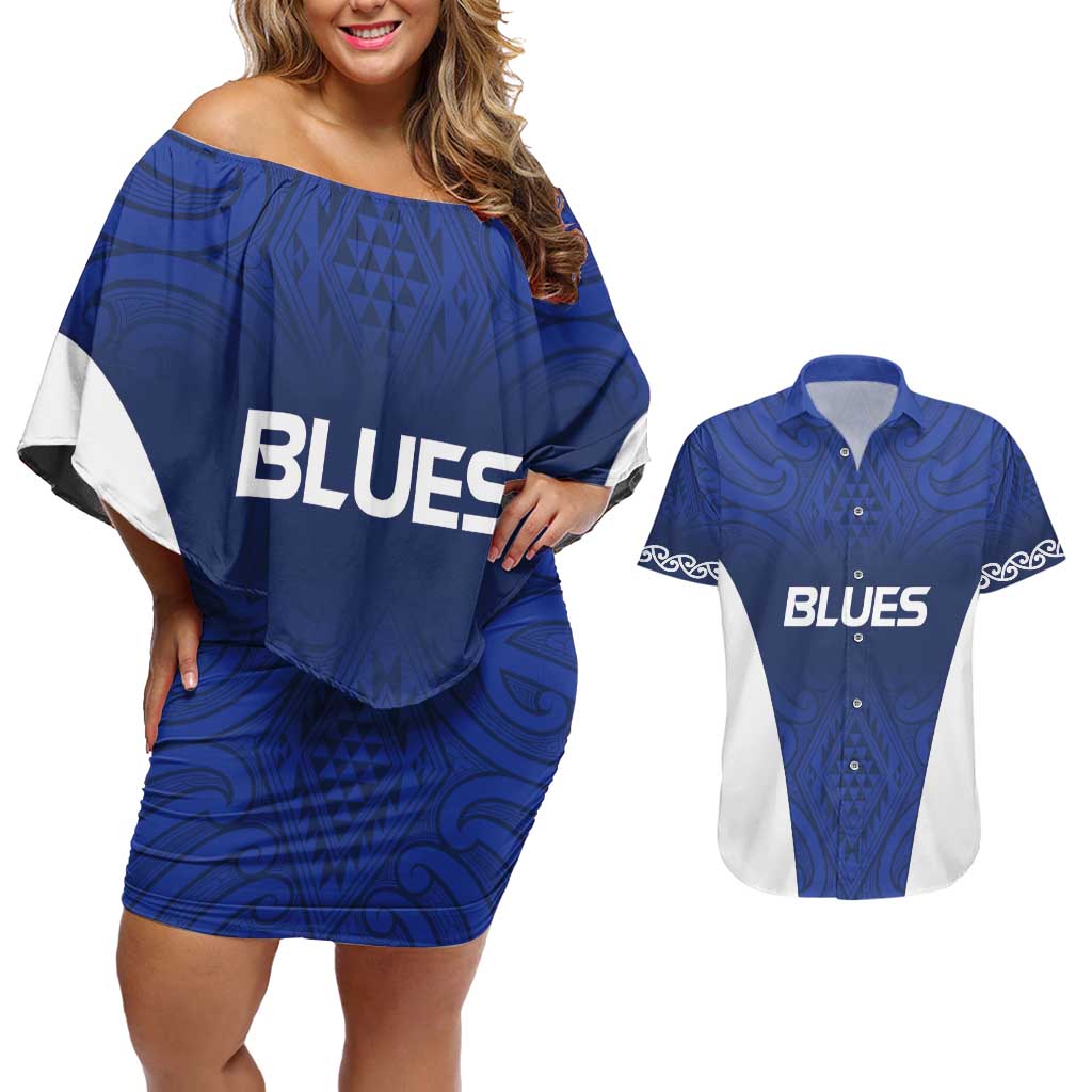 New Zealand Rugby Pacific Custom Couples Matching Off Shoulder Short Dress and Hawaiian Shirt Kahurangi Auckland All Blue
