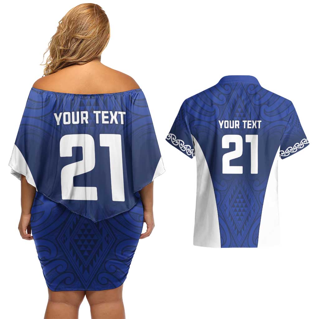 New Zealand Rugby Pacific Custom Couples Matching Off Shoulder Short Dress and Hawaiian Shirt Kahurangi Auckland All Blue
