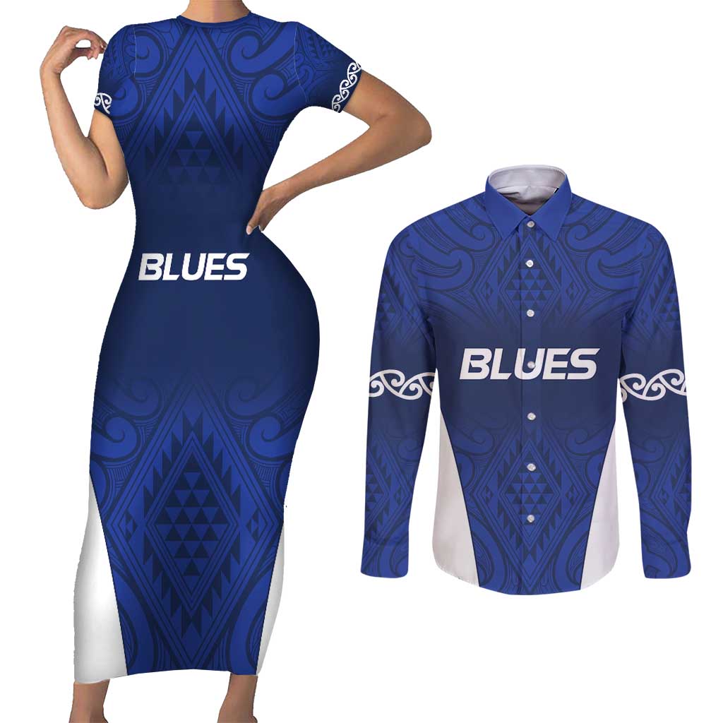 New Zealand Rugby Pacific Custom Couples Matching Short Sleeve Bodycon Dress and Long Sleeve Button Shirt Kahurangi Auckland All Blue
