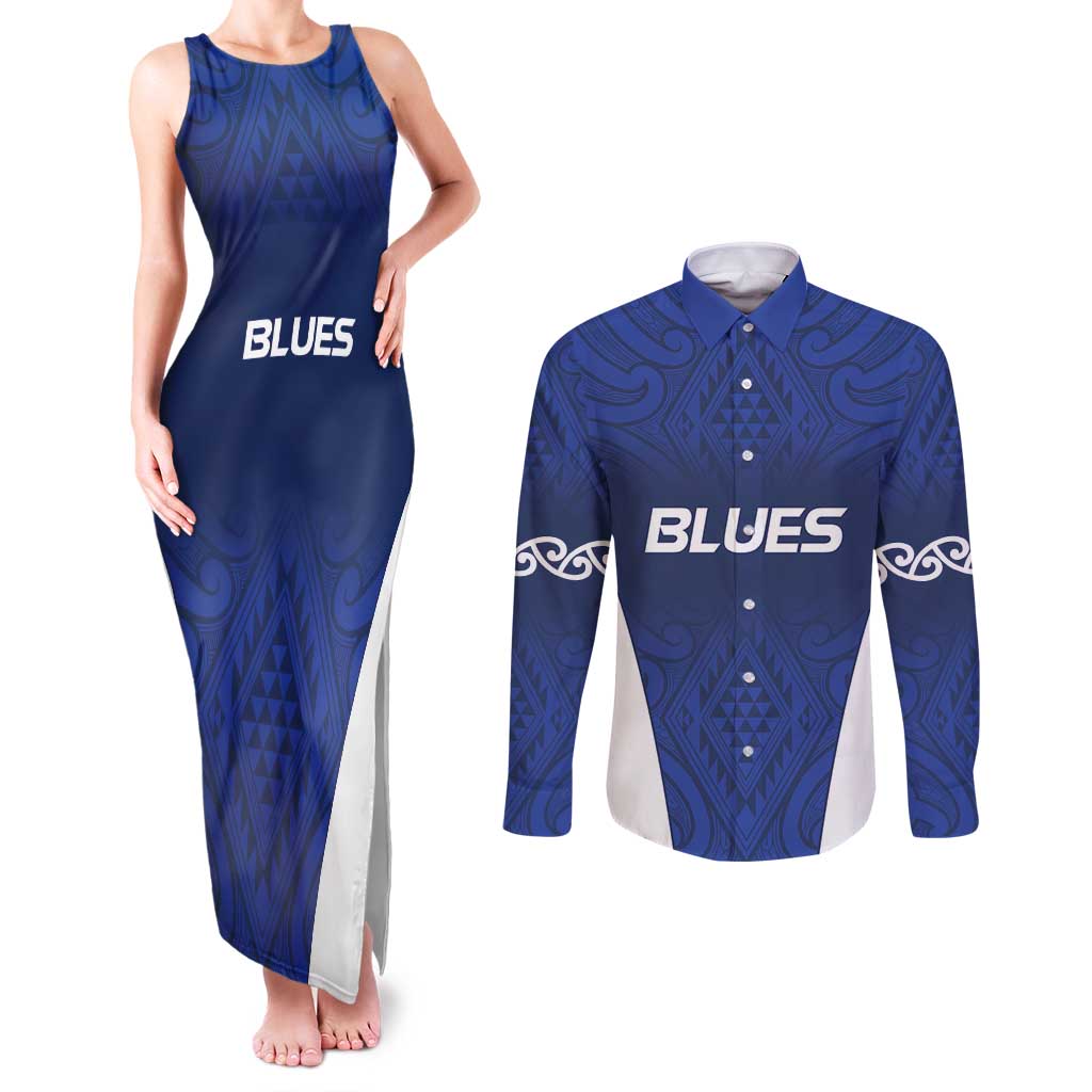 New Zealand Rugby Pacific Custom Couples Matching Tank Maxi Dress and Long Sleeve Button Shirt Kahurangi Auckland All Blue