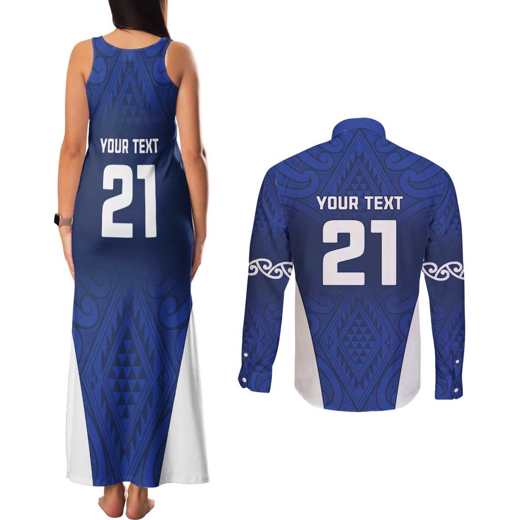 New Zealand Rugby Pacific Custom Couples Matching Tank Maxi Dress and Long Sleeve Button Shirt Kahurangi Auckland All Blue