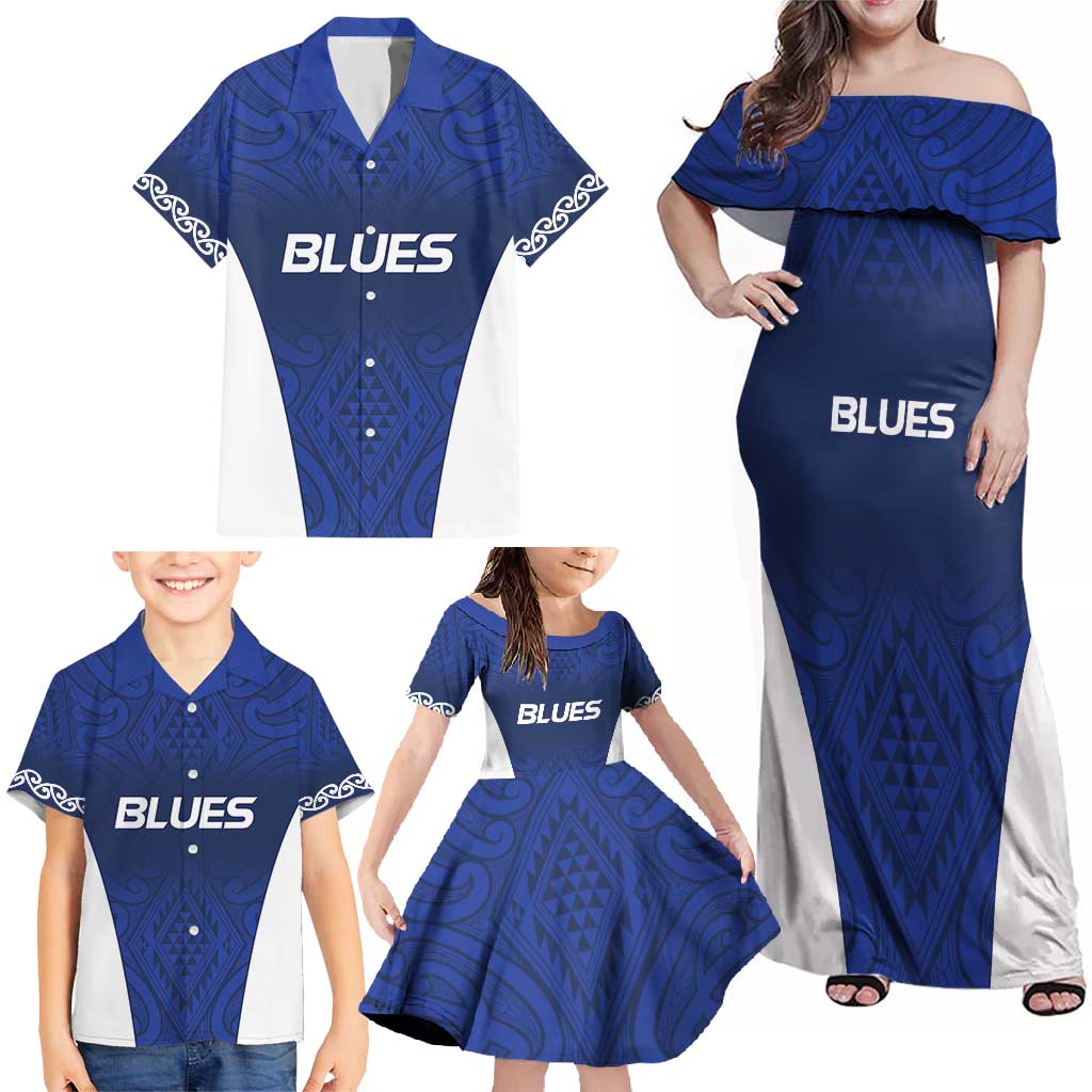 New Zealand Rugby Pacific Custom Family Matching Off Shoulder Maxi Dress and Hawaiian Shirt Kahurangi Auckland All Blue
