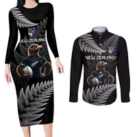 New Zealand Rugby Custom Couples Matching Long Sleeve Bodycon Dress and Long Sleeve Button Shirt Glory Be To Black Silver-fern - Polynesian Pride
