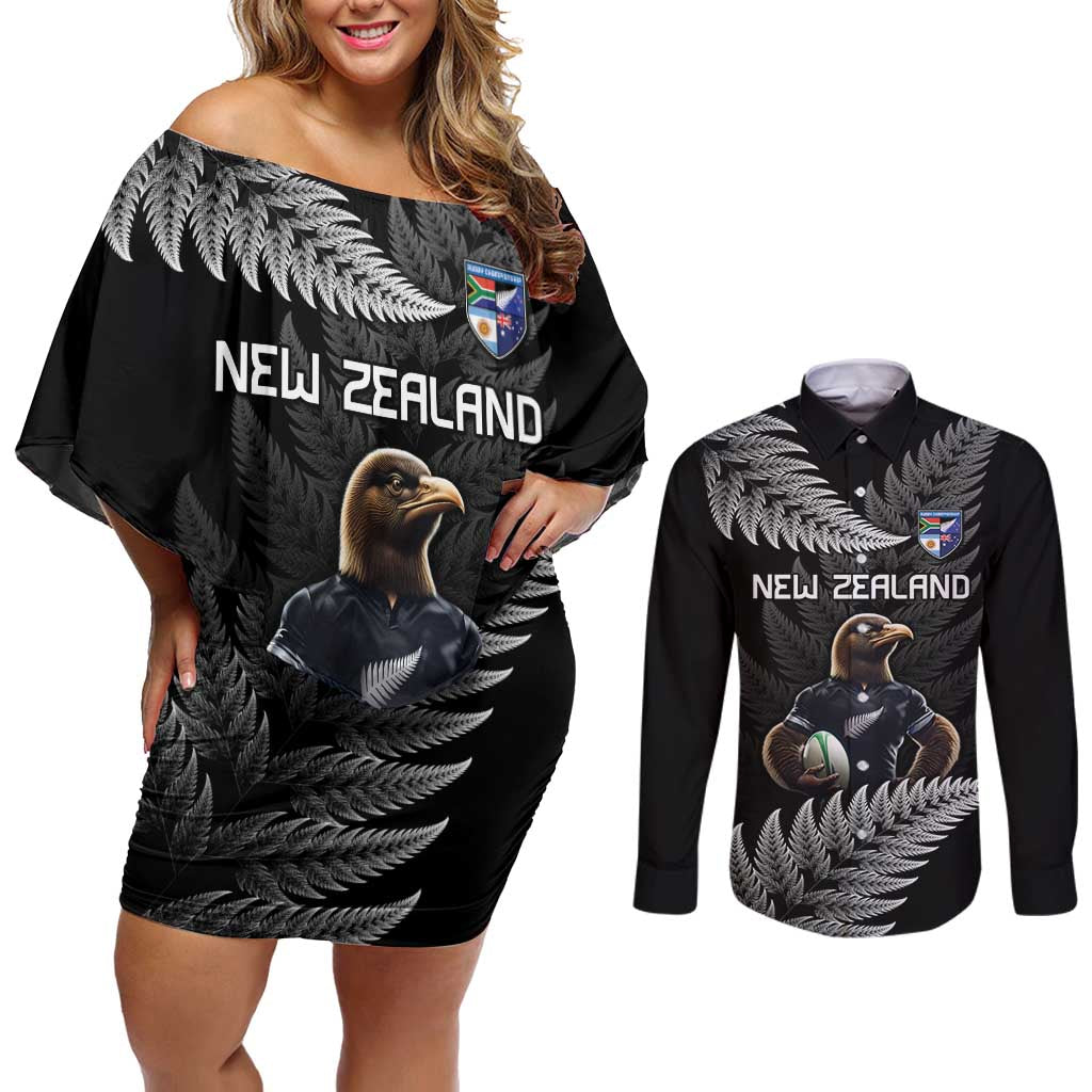 New Zealand Rugby Custom Couples Matching Off Shoulder Short Dress and Long Sleeve Button Shirt Glory Be To Black Silver-fern - Polynesian Pride