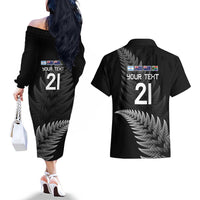 New Zealand Rugby Custom Couples Matching Off The Shoulder Long Sleeve Dress and Hawaiian Shirt Glory Be To Black Silver-fern - Polynesian Pride