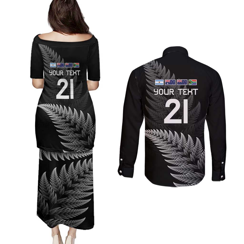 New Zealand Rugby Custom Couples Matching Puletasi and Long Sleeve Button Shirt Glory Be To Black Silver-fern - Polynesian Pride