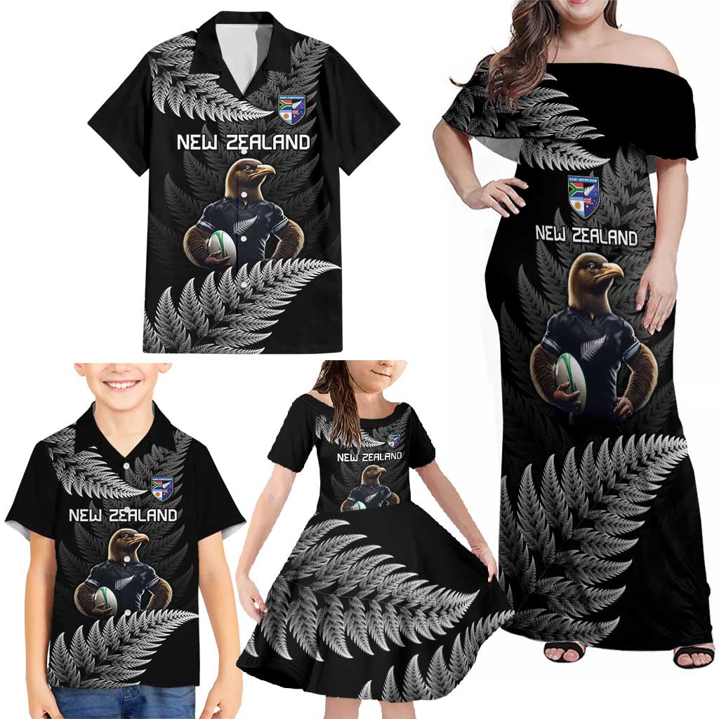 New Zealand Rugby Custom Family Matching Off Shoulder Maxi Dress and Hawaiian Shirt Glory Be To Black Silver-fern - Polynesian Pride