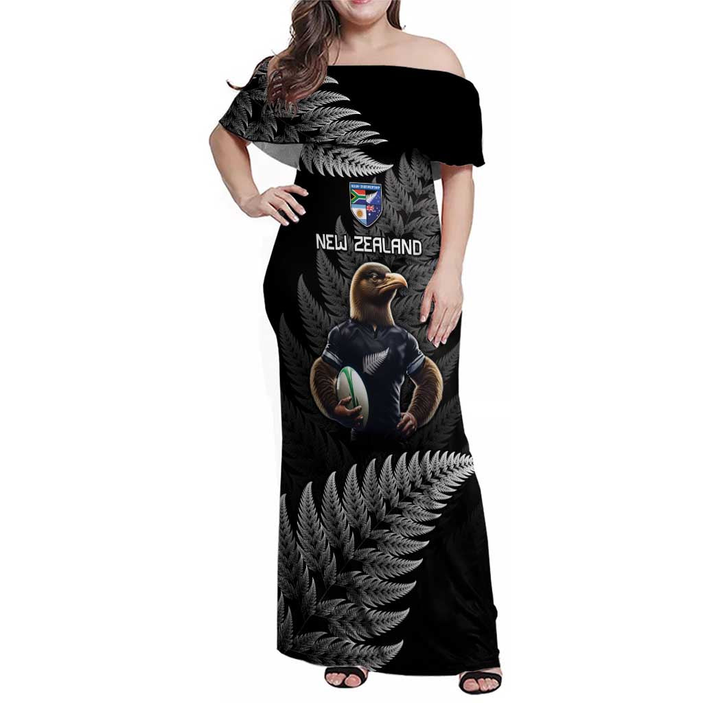 New Zealand Rugby Custom Family Matching Off Shoulder Maxi Dress and Hawaiian Shirt Glory Be To Black Silver-fern - Polynesian Pride