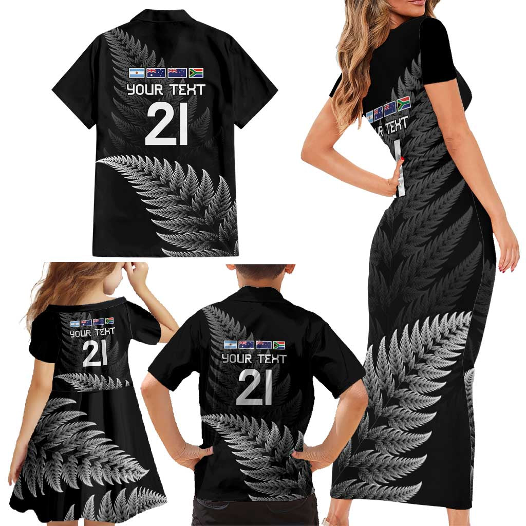 New Zealand Rugby Custom Family Matching Short Sleeve Bodycon Dress and Hawaiian Shirt Glory Be To Black Silver-fern - Polynesian Pride