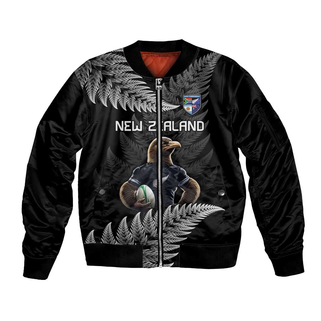 New Zealand Rugby Custom Sleeve Zip Bomber Jacket Glory Be To Black Silver-fern - Polynesian Pride