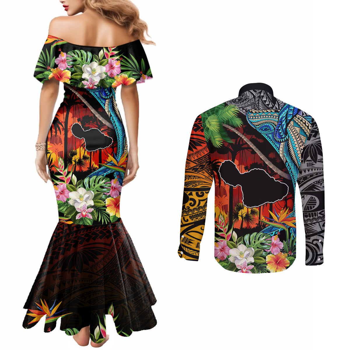 Hawaii Strong Maui Wildfire Couples Matching Mermaid Dress and Long Sleeve Button Shirts Pray For Lahaina Maui LT9 - Polynesian Pride
