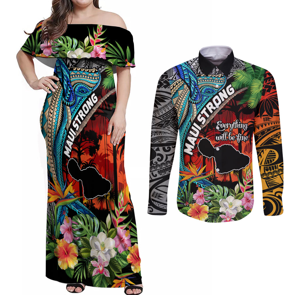 Hawaii Strong Maui Wildfire Couples Matching Off Shoulder Maxi Dress and Long Sleeve Button Shirts Pray For Lahaina Maui LT9 Black - Polynesian Pride