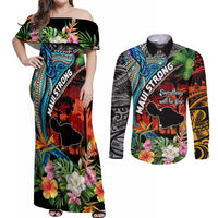 Hawaii Strong Maui Wildfire Couples Matching Off Shoulder Maxi Dress and Long Sleeve Button Shirts Pray For Lahaina Maui LT9 Black - Polynesian Pride