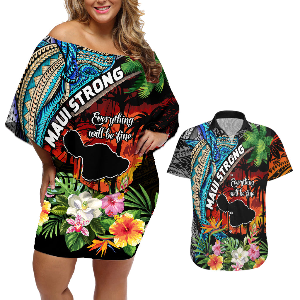 Hawaii Strong Maui Wildfire Couples Matching Off Shoulder Short Dress and Hawaiian Shirt Pray For Lahaina Maui LT9 Black - Polynesian Pride
