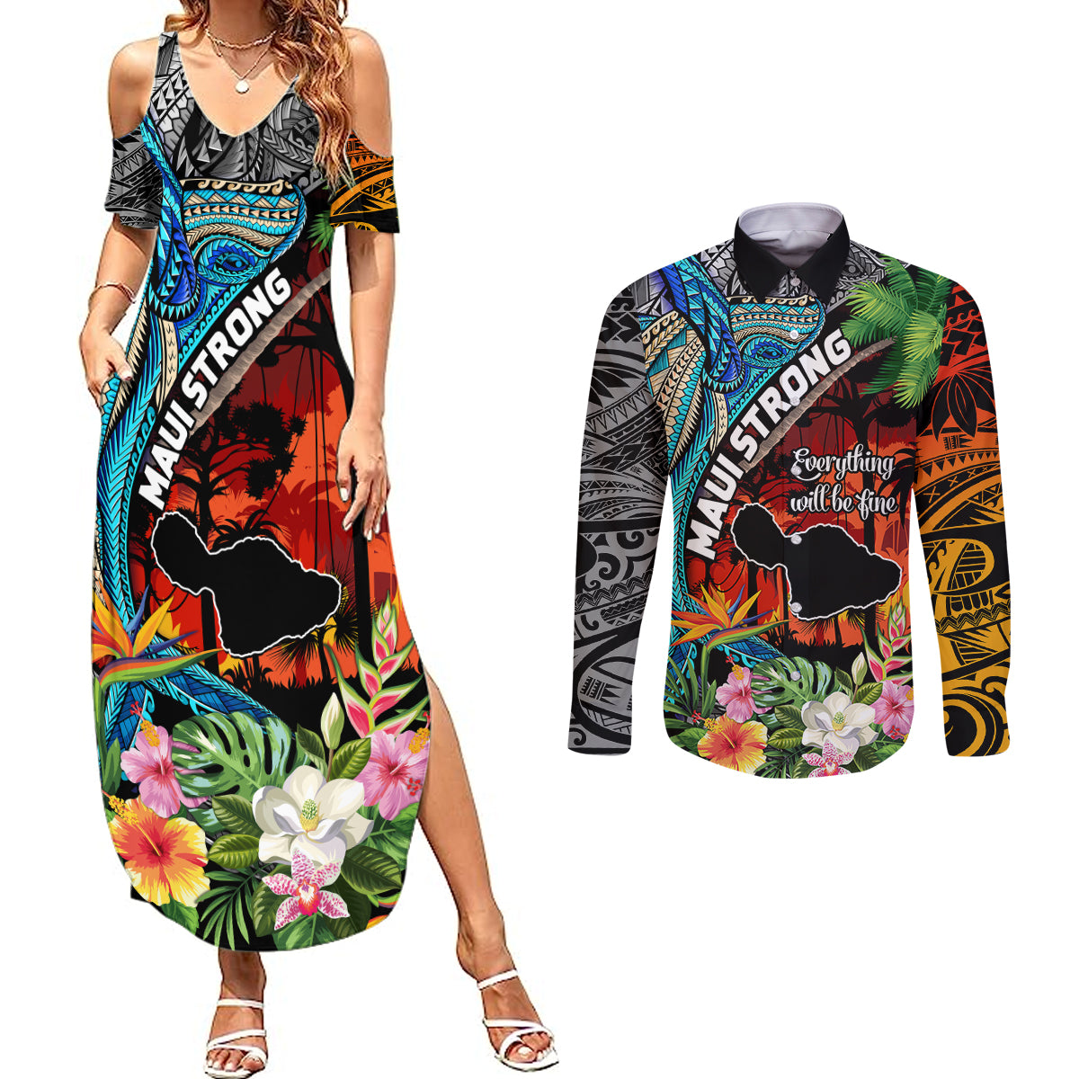 Hawaii Strong Maui Wildfire Couples Matching Summer Maxi Dress and Long Sleeve Button Shirts Pray For Lahaina Maui LT9 Black - Polynesian Pride