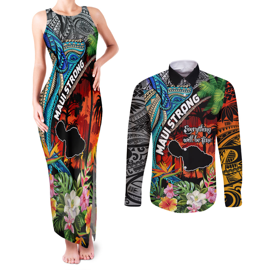 Hawaii Strong Maui Wildfire Couples Matching Tank Maxi Dress and Long Sleeve Button Shirts Pray For Lahaina Maui LT9 Black - Polynesian Pride