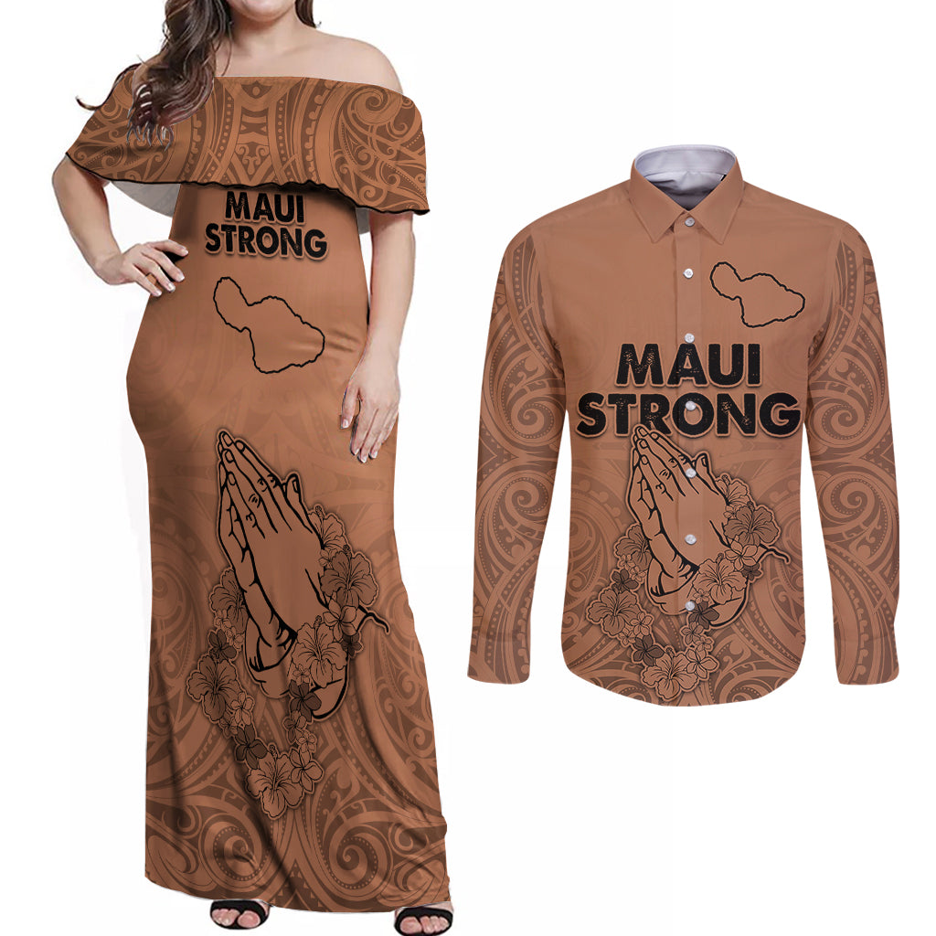 Hawaii Strong Maui Wildfire Couples Matching Off Shoulder Maxi Dress and Long Sleeve Button Shirts No1 LT9 Gold - Polynesian Pride