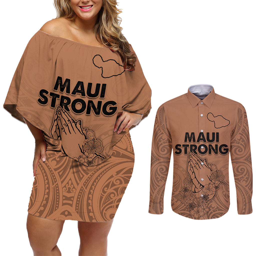 Hawaii Strong Maui Wildfire Couples Matching Off Shoulder Short Dress and Long Sleeve Button Shirts No1 LT9 Gold - Polynesian Pride