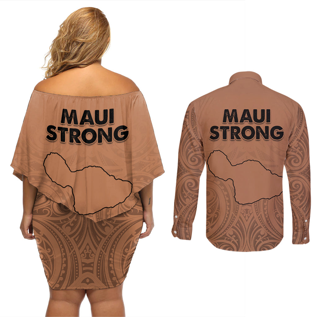 Hawaii Strong Maui Wildfire Couples Matching Off Shoulder Short Dress and Long Sleeve Button Shirts No1 LT9 - Polynesian Pride