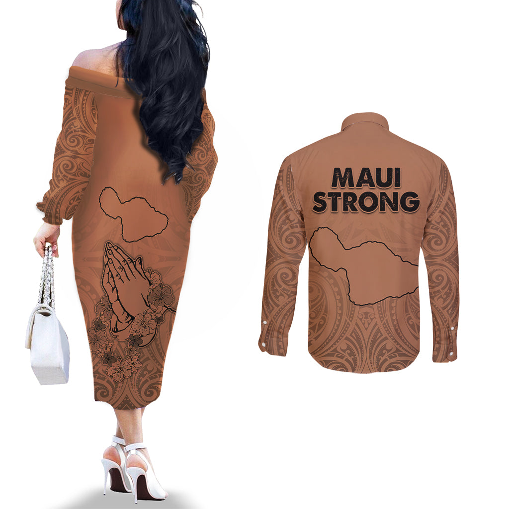 Hawaii Strong Maui Wildfire Couples Matching Off The Shoulder Long Sleeve Dress and Long Sleeve Button Shirts No1 LT9 - Polynesian Pride