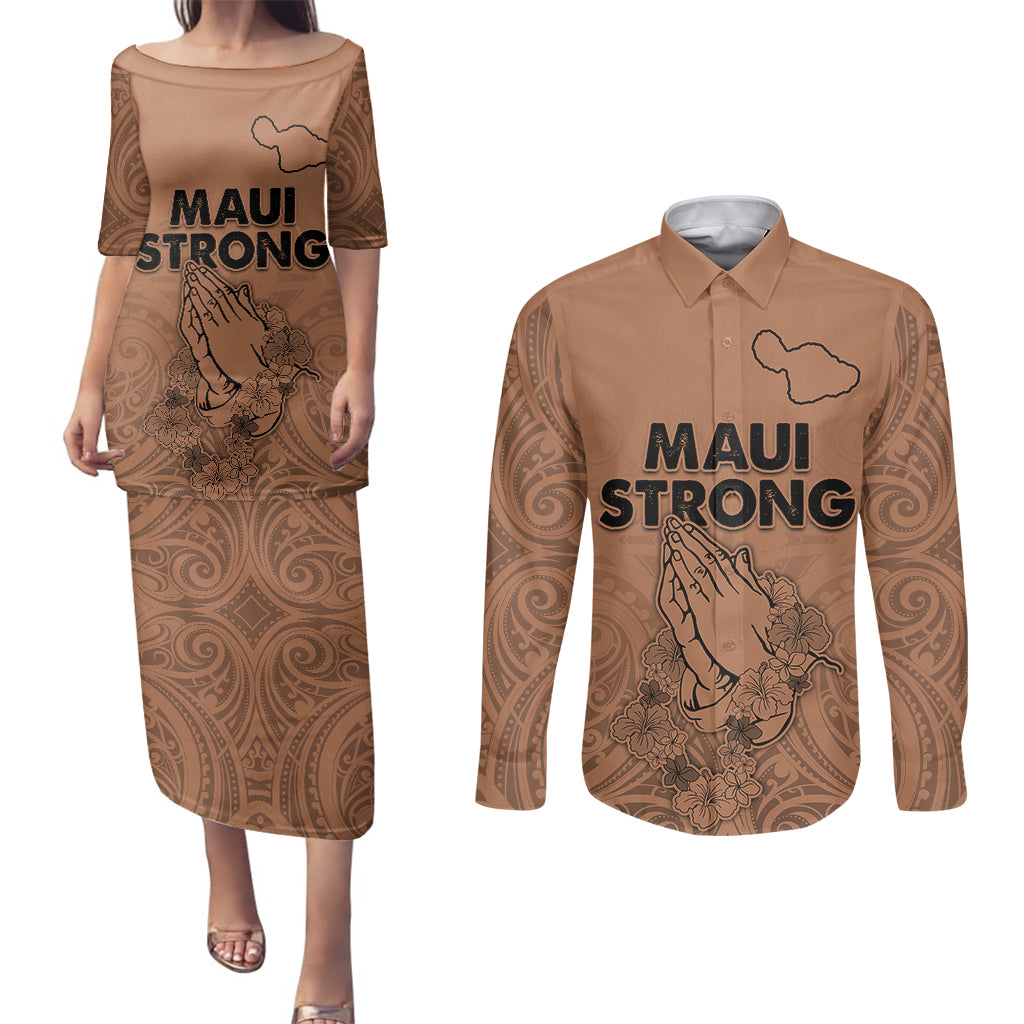 Hawaii Strong Maui Wildfire Couples Matching Puletasi Dress and Long Sleeve Button Shirts No1 LT9 Gold - Polynesian Pride