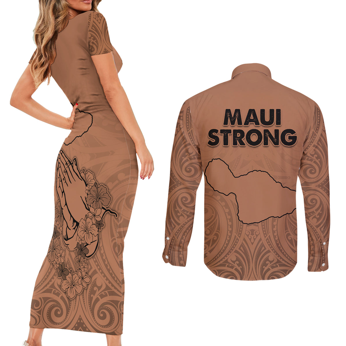 Hawaii Strong Maui Wildfire Couples Matching Short Sleeve Bodycon Dress and Long Sleeve Button Shirts No1 LT9 - Polynesian Pride