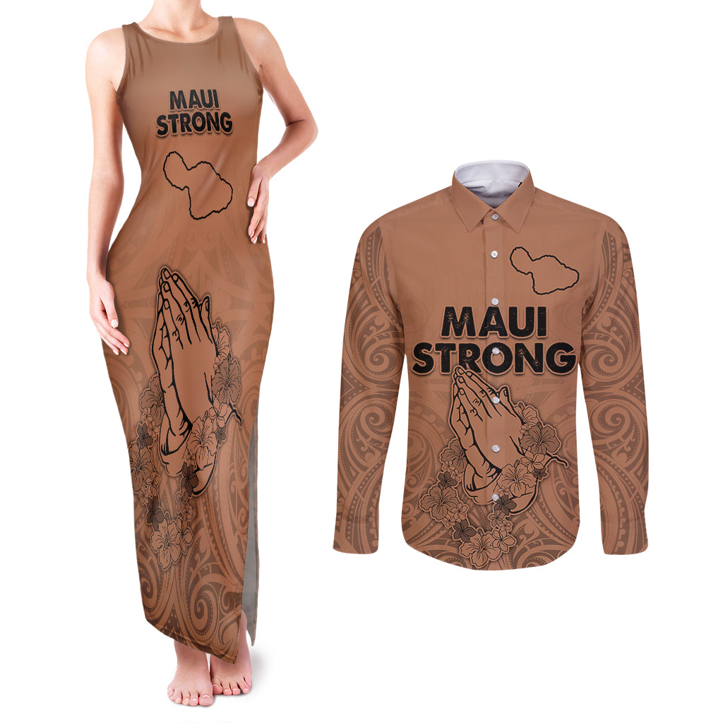 Hawaii Strong Maui Wildfire Couples Matching Tank Maxi Dress and Long Sleeve Button Shirts No1 LT9 Gold - Polynesian Pride