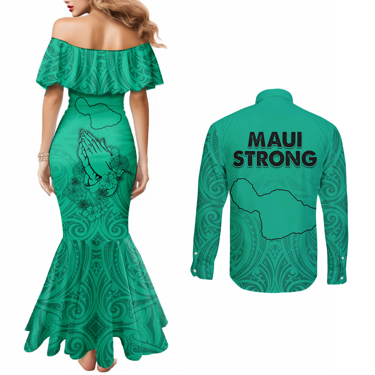 Hawaii Strong Maui Wildfire Couples Matching Mermaid Dress and Long Sleeve Button Shirts No2 LT9 - Polynesian Pride