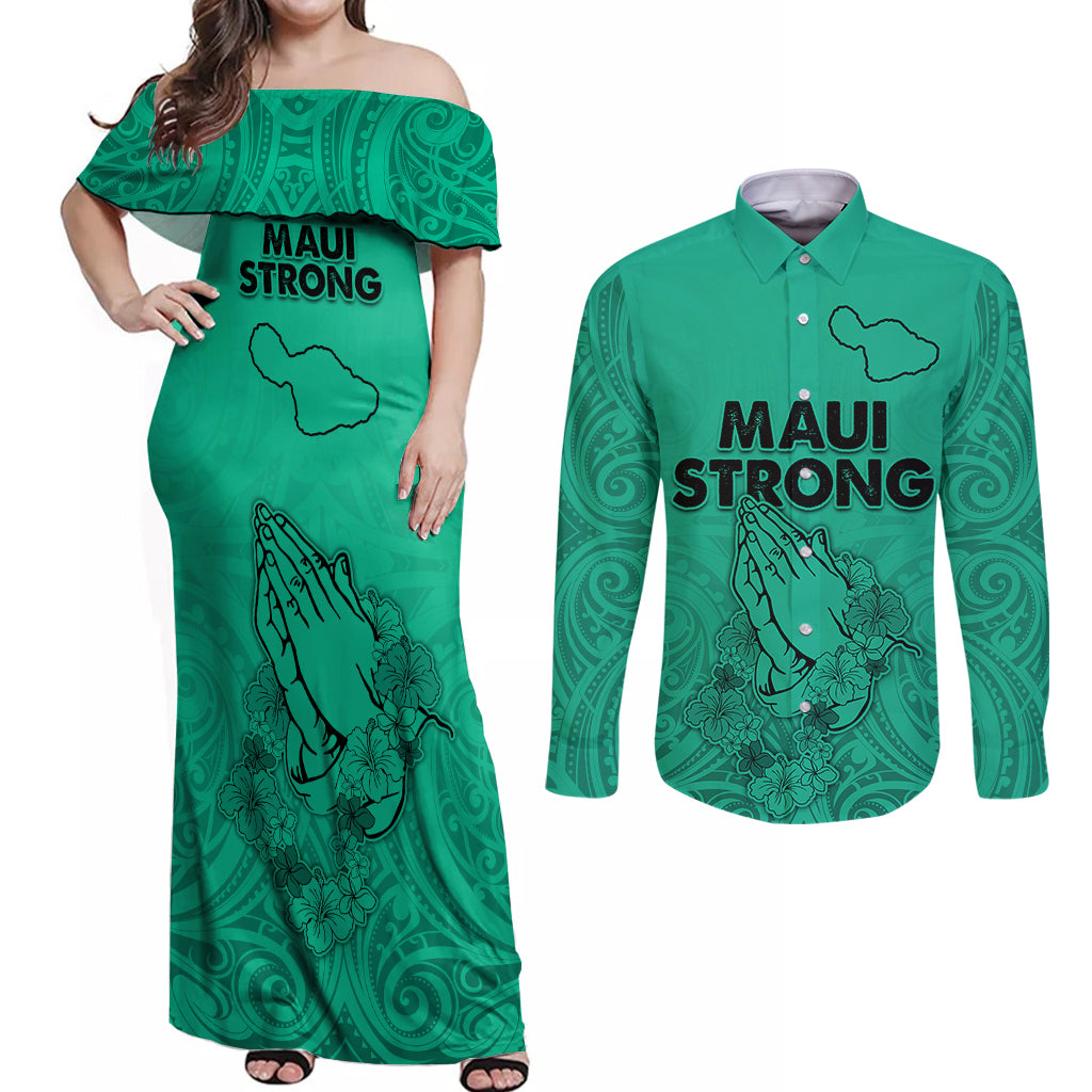 Hawaii Strong Maui Wildfire Couples Matching Off Shoulder Maxi Dress and Long Sleeve Button Shirts No2 LT9 Green - Polynesian Pride