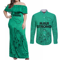 Hawaii Strong Maui Wildfire Couples Matching Off Shoulder Maxi Dress and Long Sleeve Button Shirts No2 LT9 Green - Polynesian Pride